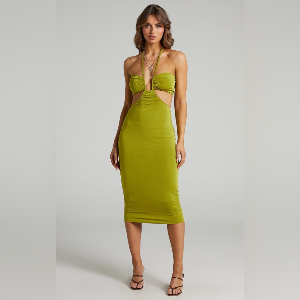 NWOT: HEATH CUT OUT HALTER NECK MIDI DRESS IN CHARTREUSE